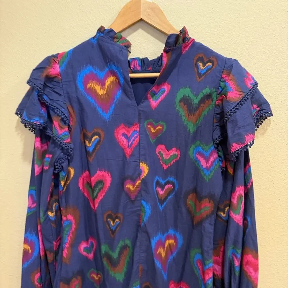 Farm Rio Blue Pink Beaded Tassled Hearts Long Sleeve Mini Dress XS